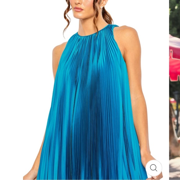 Mac Duggal Pleated Halter Neck Flowy Mini Trapeze Dress 49636 NWT Ocean Blue - Picture 3 of 12